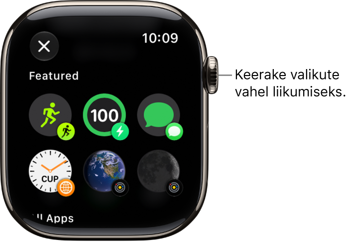 Esiletõstetud komplikatsioone sisaldava kellakuva kohandamise kuva. Komplikatsioonide sirvimiseks keerake Digital Crowni.
