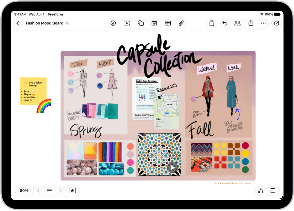 An iPad with the Freeform app open. The board includes handwriting, text, drawings, shapes, sticky notes, links, and other files.