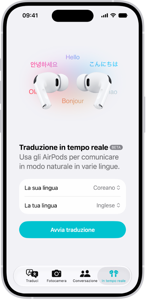 L’app Traduci su iPhone che mostra la schermata di “Traduzione in tempo reale”. La schermata mostra due menu a comparsa per scegliere la lingua dell’altra persona e la tua lingua, insieme a un pulsante per avviare la traduzione in tempo reale.