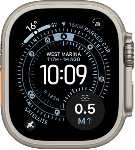 The Waypoint watch face showing a digital clock, with a weather complication at the top left, Compass parked car waypoint complication at the top right, and Satellite at the bottom left. A larger Depth complication is at the bottom right. Several Compass waypoints appear in the inner ring.