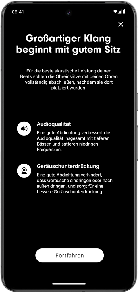 Der Bildschirm eines Android-Geräts zeigt den Passtest für Ohreinsätze.