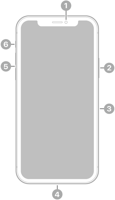 Vista frontal del iPhone&nbsp;11&nbsp;Pro. La cámara frontal se encuentra en la parte superior central. En el lado derecho, de arriba a abajo, se encuentran el botón lateral y la bandeja SIM. El conector Lightning está en la parte inferior. En el lado izquierdo, de abajo a arriba, se encuentran los botones de volumen y el conmutador de tono/silencio.