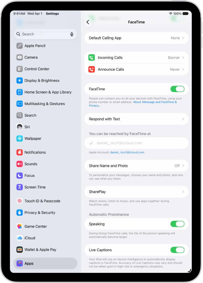 The FaceTime Settings screen, showing the Default Calling App option, the control to turn FaceTime on or off, and the Apple Account that is being used for FaceTime.