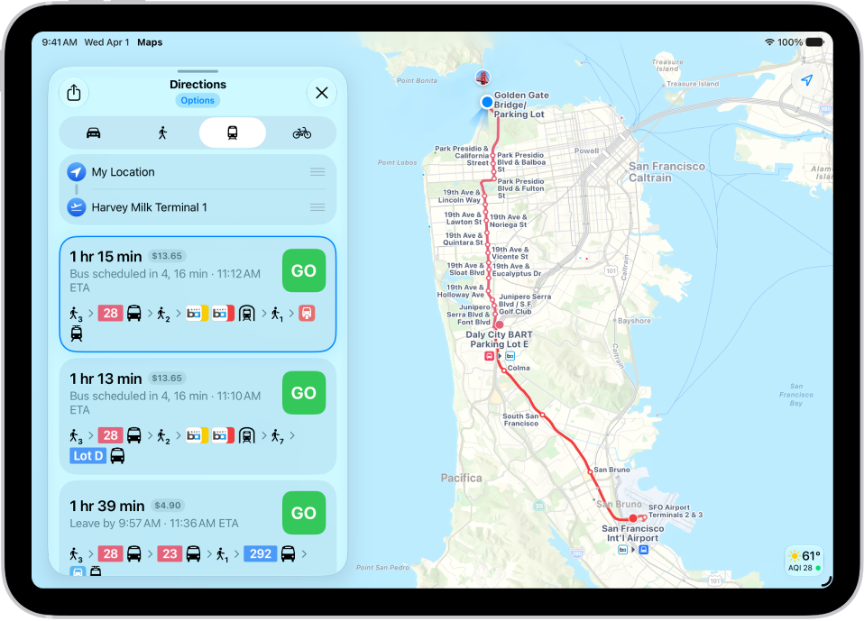 A map showing a transit route. A route card on the left shows Go buttons for several options for the route.