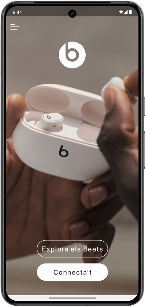 Pantalla de benvinguda de l’app Beats que mostra els botons “Explora els Beats” i “Connecta’t”.
