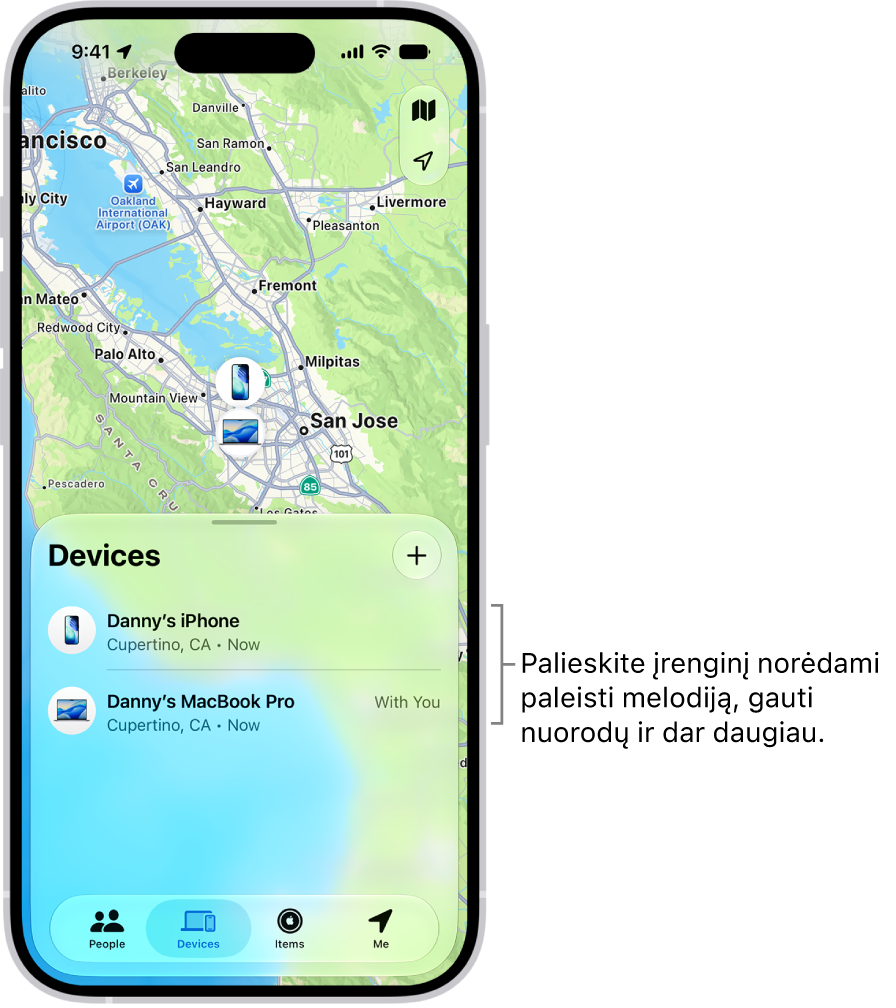 „Lokatorius“ ekranas, atidarytas sąrašas „Įrenginiai“. Sąraše „Įrenginiai“ rodomi du įrenginiai: „Danny’s iPhone“ ir „Danny’s iPad“. Jų buvimo vietos parodytos žemėlapyje.
