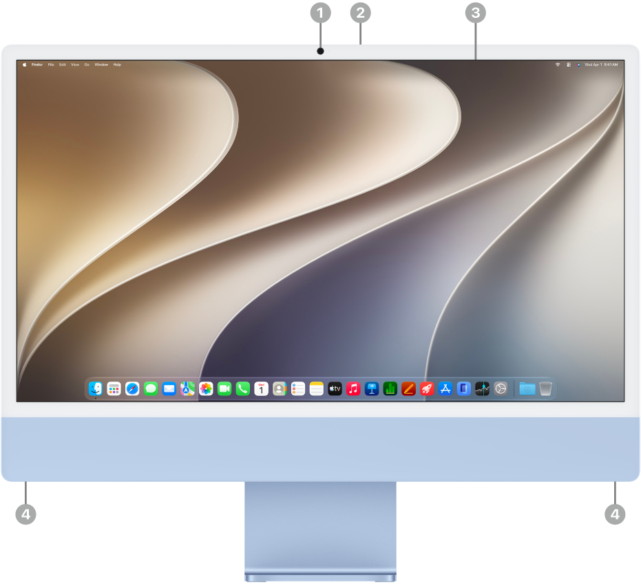 מבט חזיתי על ה-iMac המציג את הצג, המצלמה, המיקרופונים והרמקולים.