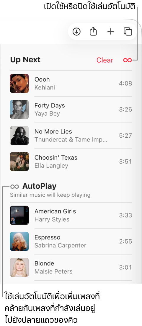 คิวรายการถัดไปที่ด้านบนสุดของ Apple Music ที่แสดงปุ่มล้างและปุ่มเล่นอัตโนมัติ เล่นอัตโนมัติเปิดใช้อยู่