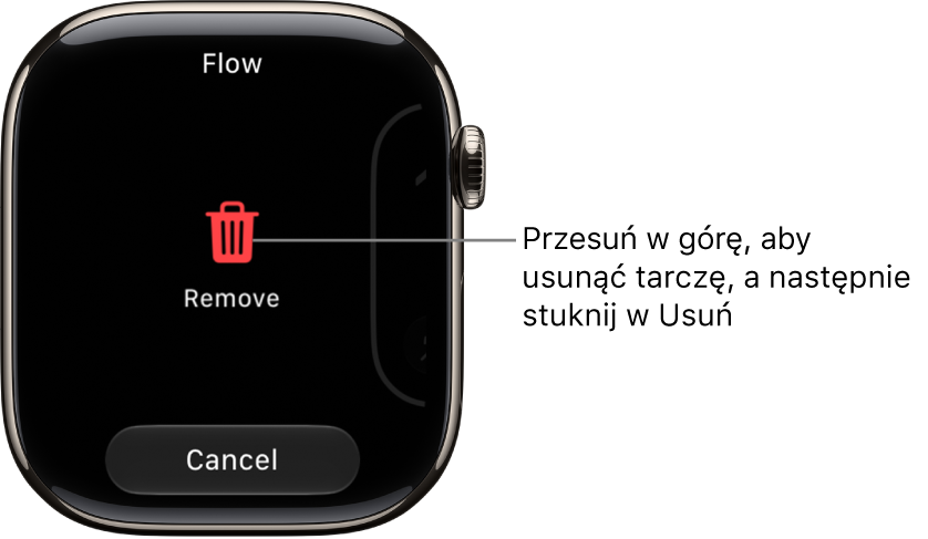 Ekran Apple&nbsp;Watch wyświetlający przyciski Usuń i&nbsp;Anuluj, które pojawiają się po przejściu przesunięciem do tarczy zegarka, a&nbsp;następnie przesunięciu w&nbsp;górę w&nbsp;celu jej usunięcia.
