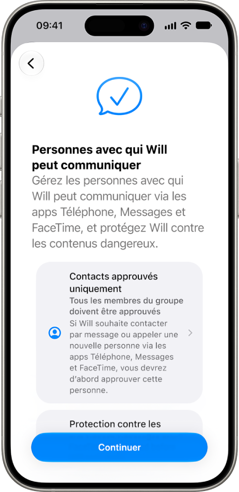 L’écran de réglage du contrôle parental affiche les options pour les personnes avec lesquelles un enfant peut communiquer.