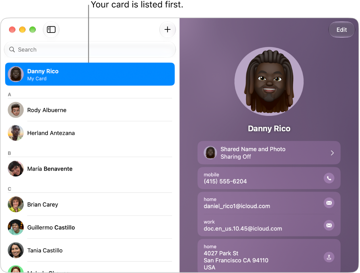The Contacts list showing My Card at the top.