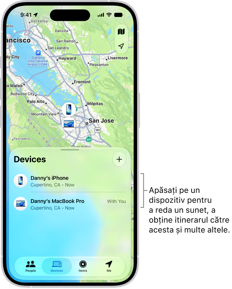 Ecranul Găsire deschis în lista Dispozitive. Există două dispozitive în lista Dispozitive: iPhone - Daniel și iPad - Daniel. Localizările lor sunt afișate pe o hartă.