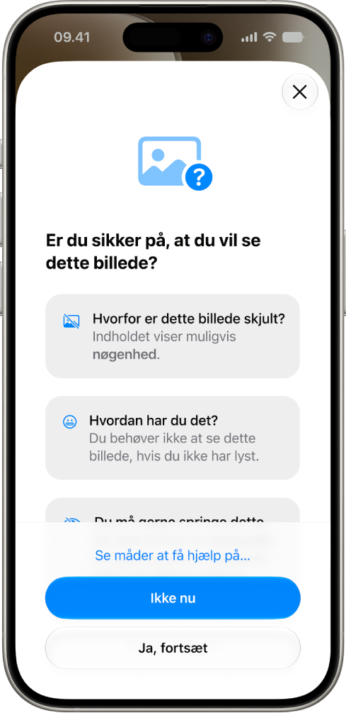 Skærmen Sikker kommunikation, der viser en advarsel om, at et billede kan have følsomt indhold, og muligheder for at få hjælp.
