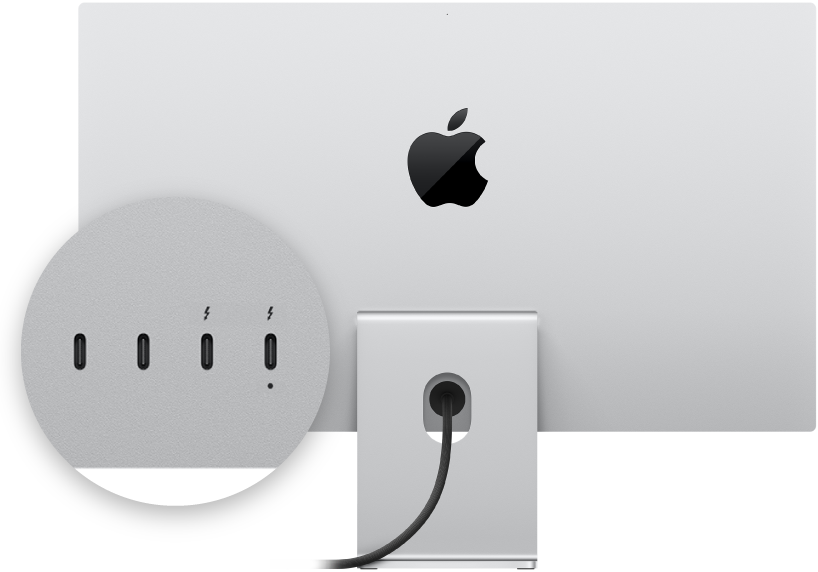 Vista posterior del monitor Studio&nbsp;Display con un acercamiento de sus puertos.