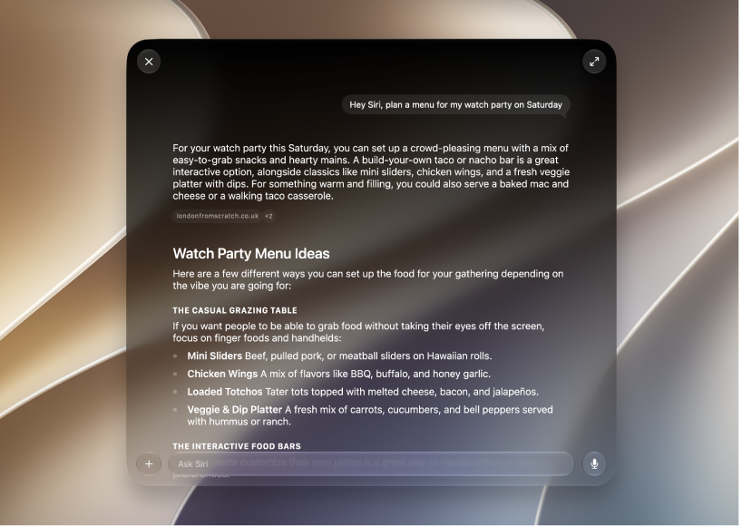 A Mac showing Siri answering a request to plan a menu based on a calendar event.