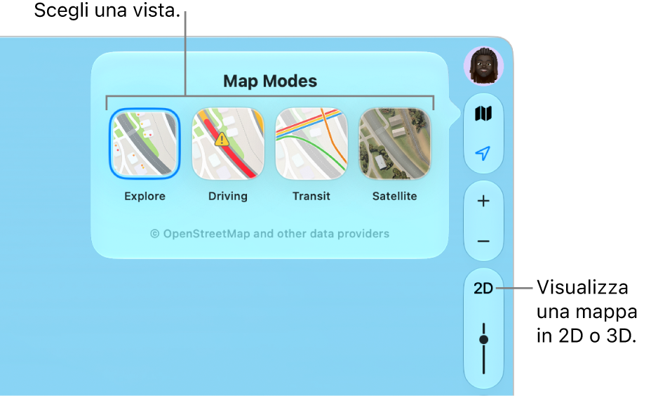 Una volta selezionato il pulsante Mappa, sono disponibili quattro viste: Esplora, In auto, Mezzi pubblici, Satellite.