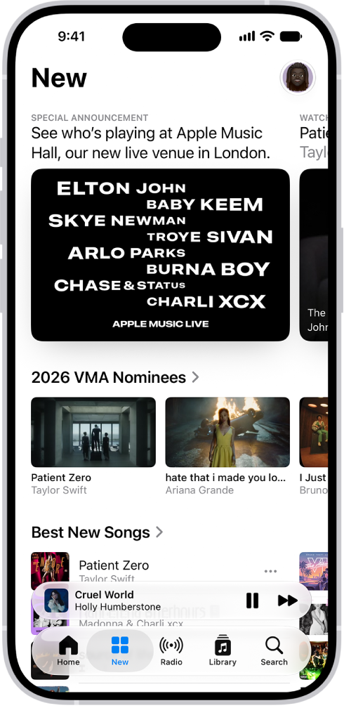 The New tab at the top. You can swipe left to see more featured music and videos. The Best New Songs section appears below. You can swipe up on the screen to explore new and recommended music.