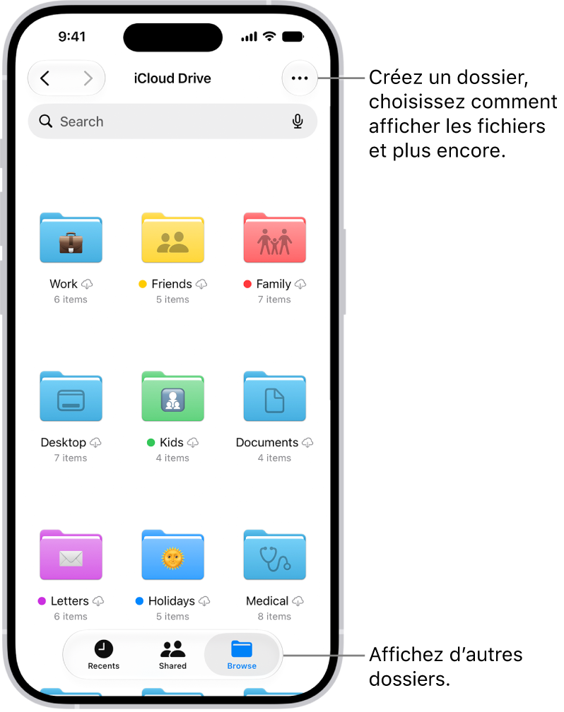 L’app Fichiers affichant les fichiers et dossiers de votre iCloud&nbsp;Drive. Le menu Plus propose des options pour sélectionner des éléments, créer un nouveau dossier, scanner des documents et se connecter à un serveur. Sous ce menu figurent les options pour afficher les éléments à l’écran sous forme d’icônes ou de liste. En bas du menu se trouvent les options de tri par Nom, Type, Date, Taille et Tags, suivies de «&nbsp;Options de présentation&nbsp;».