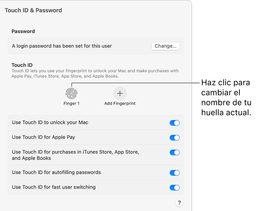 La configuración de Touch&nbsp;ID y contraseña mostrando una huella digital lista para usarse para desbloquear la Mac.