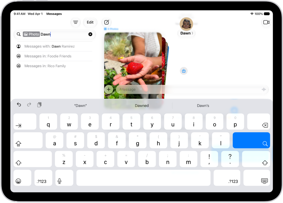 The search field in the Messages app. The search field contains a tag limiting the search to photos sent by one person and a search term.