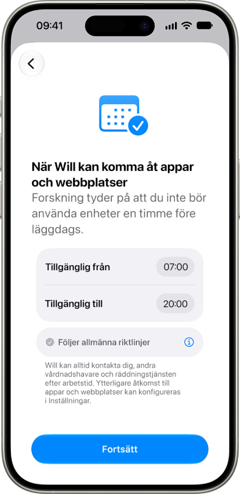 Inställningsskärmen för föräldrakontroller visar de tidpunkter ett barn kan använda sin enhet.