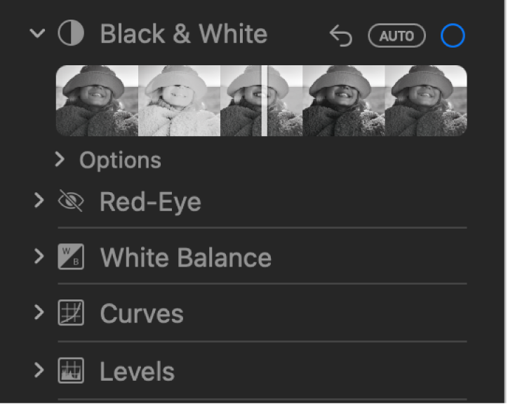 The Black & White area of the Adjust pane, showing sliders for Intensity, Neutrals, Tone, and Grain.