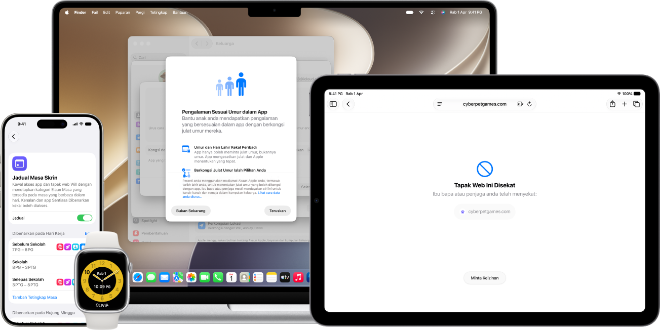 iPhone, iPad, Apple Watch dan Mac bersebelahan menunjukkan pelbagai kawalan ibu bapa seperti Waktu Sekolah, Jadual Masa Skrin dan Minta untuk Melayari.
