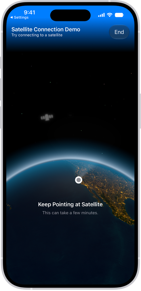 La démonstration de connexion au satellite, disponible dans l’app Réglages, fournit un aperçu de ce que vous voyez lorsque vous ouvrez l’app Messages sur un iPhone&nbsp;14 ou un modèle ultérieur et ne disposez pas d’une couverture cellulaire ou Wi-Fi.