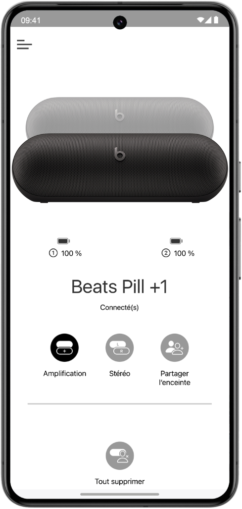 L’écran de l’appareil dans l’app Beats montrant deux haut-parleurs Beats&nbsp;Pill connectés dans un groupe d’amplification.