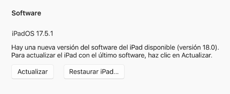 El botón “Restaurar [dispositivo]” se muestra junto al botón “Buscar actualización”.