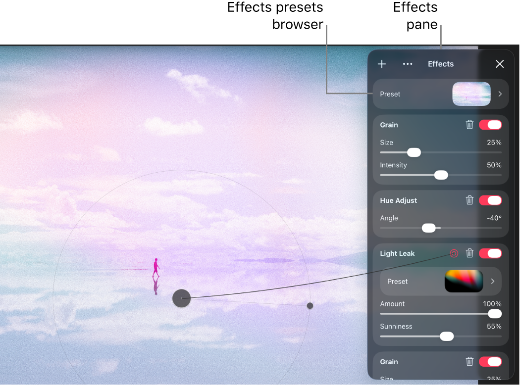 A photo in the canvas with an effects preset applied, and the Effects pane on the right.