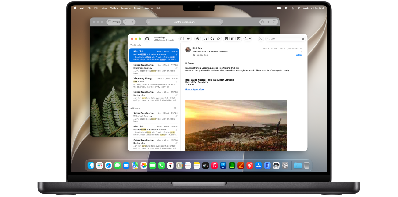 A MacBook Pro screen with a Mail app window and a Safari app window open.