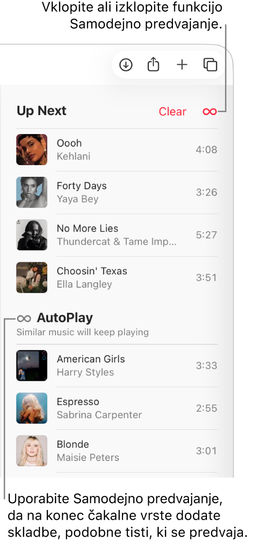 Čakalna vrsta Sledi na vrhu storitve Apple&nbsp;Music prikazuje gumba Počisti in Samodejno predvajaj. Samodejno predvajanje je vklopljeno.