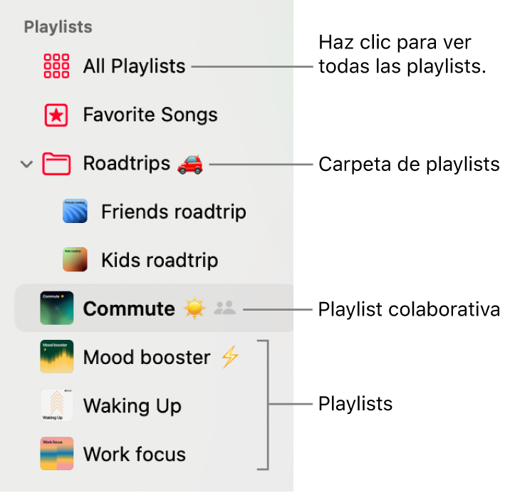La barra lateral de Música mostrando una carpeta de playlists y los diversos tipos de playlists: Canciones favoritas, colaborativas y playlists. Haz clic en Todas las playlists para verlas todas.