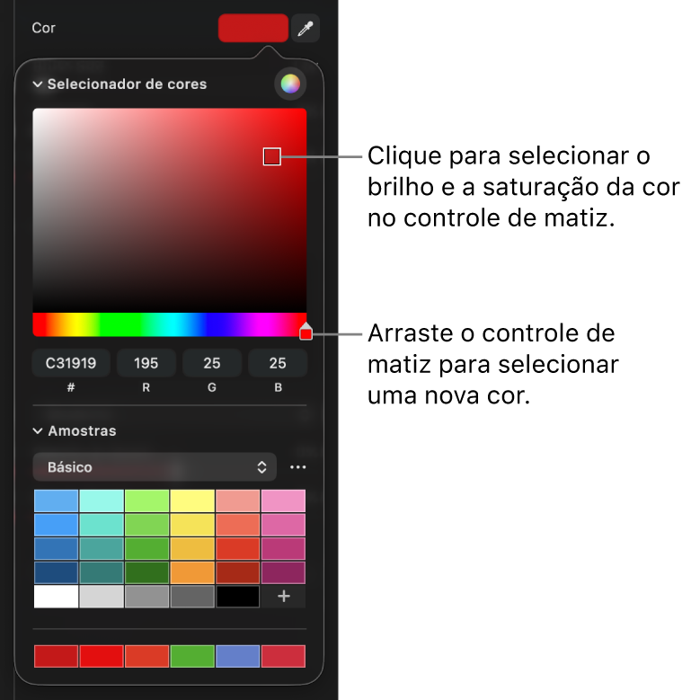 O selecionador de cores, com controles para alterar a saturação e o matiz de uma cor.