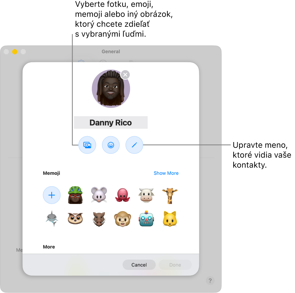 Dialógové okno Zdieľanie mena a&nbsp;fotky zobrazuje možnosti na úpravu mena, ktoré sa vašim kontaktom zobrazí, a&nbsp;na výber fotky, emoji, memoji alebo iného obrázka.