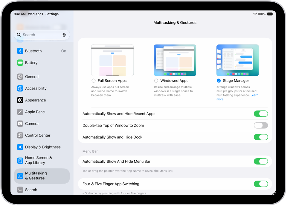 An iPad window showing Multitasking & Gestures settings.