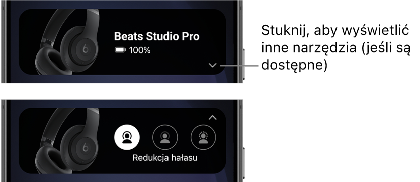 Pierwszy obrazek przedstawia widżet aplikacji Beats z&nbsp;połączonymi słuchawkami nausznymi Beats&nbsp;Studio&nbsp;Pro i&nbsp;przyciskiem wyświetlającym inne narzędzia. Drugi obrazek przedstawia narzędzia redukcji hałasu w&nbsp;widżecie.