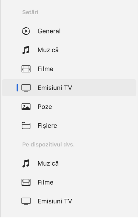 Bara laterală afișând opțiunea Emisiuni TV selectată.