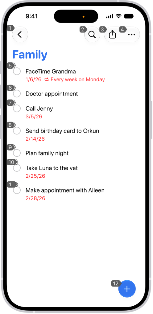 An iPhone showing a number next to each item in the Reminders app.