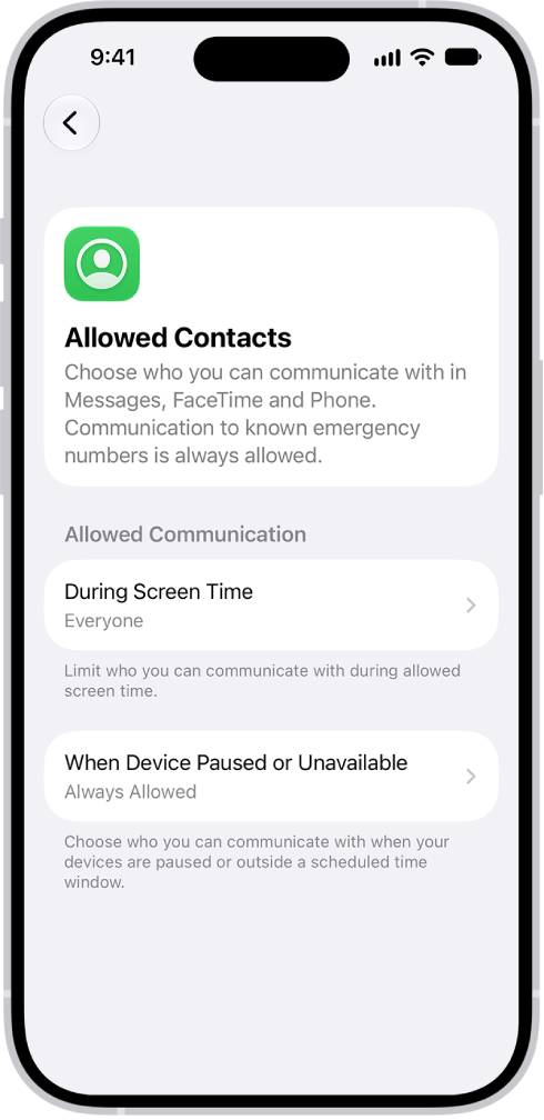 The Allowed Contacts screen in Screen Time showing communication allowed during Screen Time and when devices are paused.