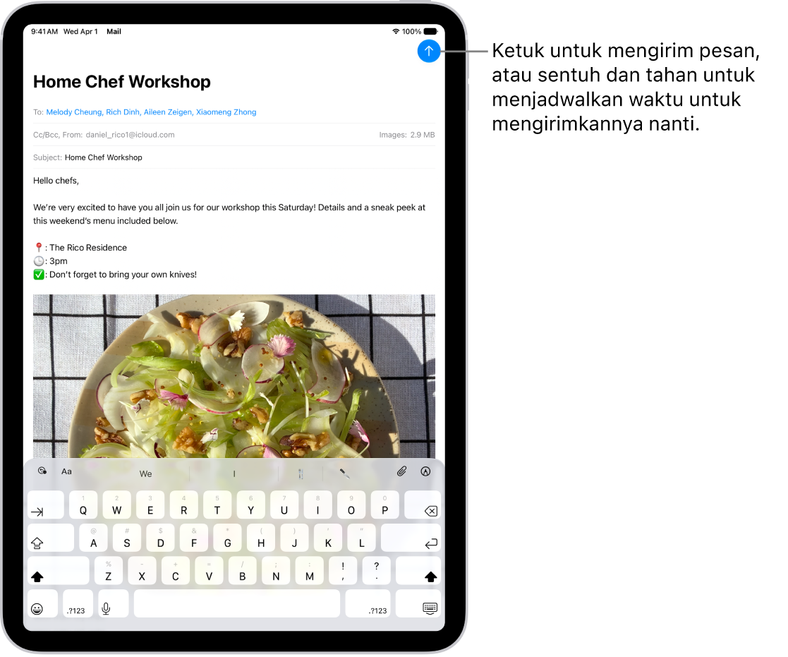 Draf email dibuka di app Mail. Tombol untuk mengirim pesan berada di pojok kanan atas. Ketuk untuk mengirim pesan, atau sentuh dan tahan untuk menjadwalkan waktu untuk mengirimnya nanti.
