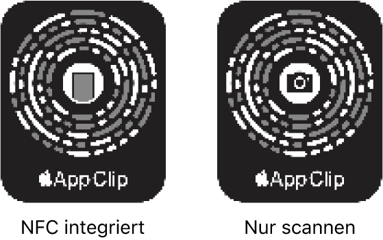 Links ist ein NFC-integrierter App Clip-Code mit einem iPhone-Symbol in der Mitte zu sehen. Rechts ist ein scanbarer App Clip-Code mit einem Kamerasymbol in der Mitte zu sehen.