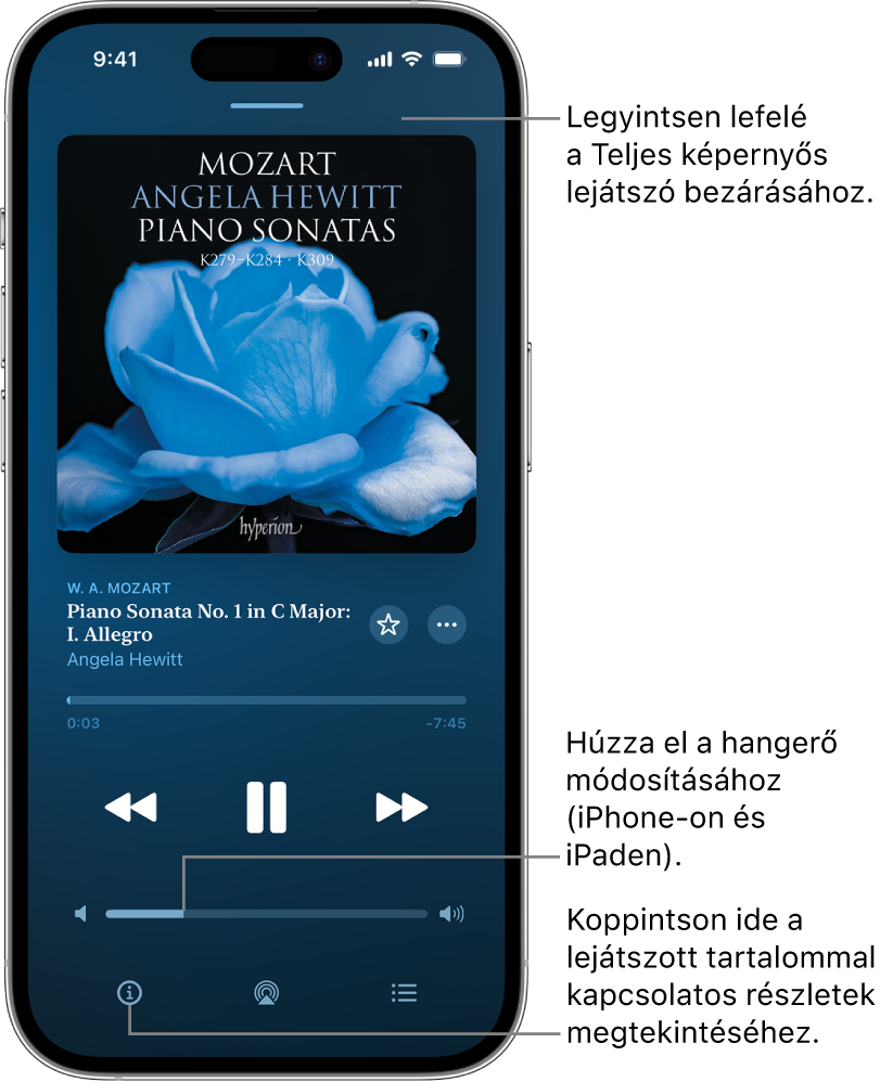 Egy iPhone‑on a Now Playing képernyő látható az Apple Music Classicalban. A képernyő tetején egy szürke sáv látható, amelyre ha rákattint, elrejtheti a Now Playing képernyőt, és megjelenítheti a Mini lejátszót. A sáv alatt az albumborító, a mű címe és az idővonal látható, amely megmutatja, hogy milyen hosszú a zeneszám, illetve mennyi idő telt el belőle. A képernyő alsó részén a Léptetés visszafelé, a Szüneteltetés és a Léptetés előre gombok, a hangvezérlő, illetve az Infó, az AirPlay és a Következő lejátszás gombok láthatók.