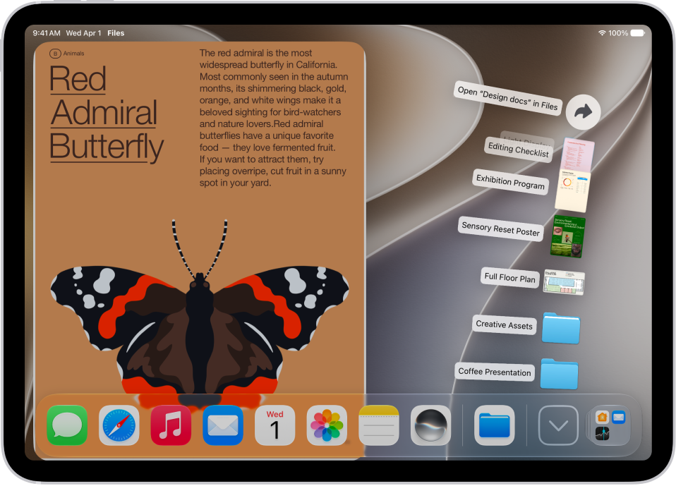 The iPad Home Screen showing files that can be opened from the Dock.
