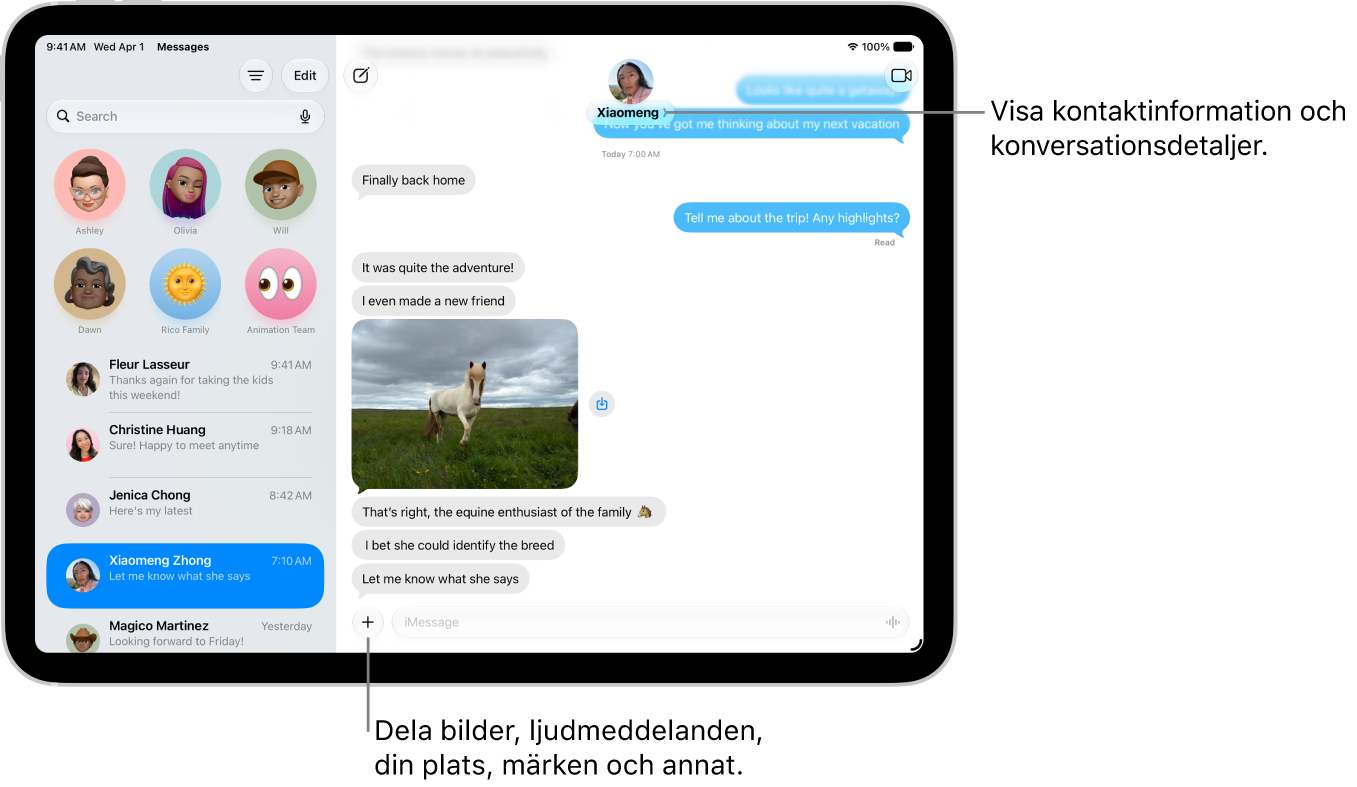 En konversationslista i Meddelanden finns till vänster och en konversationstranskribering till höger. Om du trycker på kontaktsymbolen högst upp öppnas konversationsdetaljer.