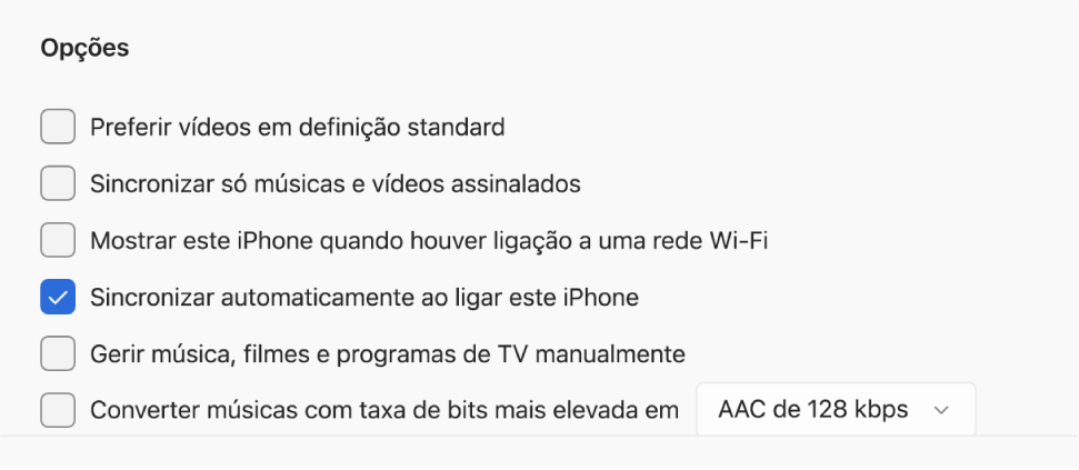 Opções de sincronização do dispositivo com Windows com o dispositivo Apple. A opção “Sincronizar automaticamente ao ligar este iPhone” está assinalada.