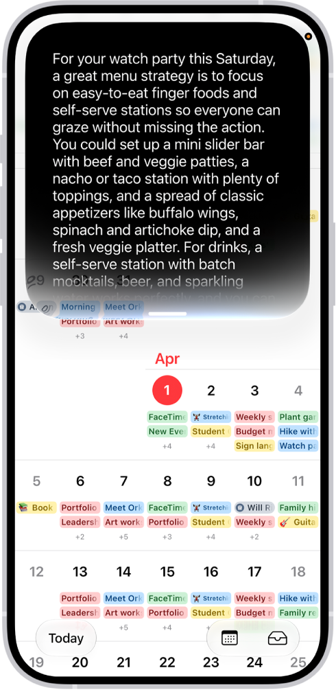 An iPhone showing Siri answering a request to plan a menu based on a calendar event.