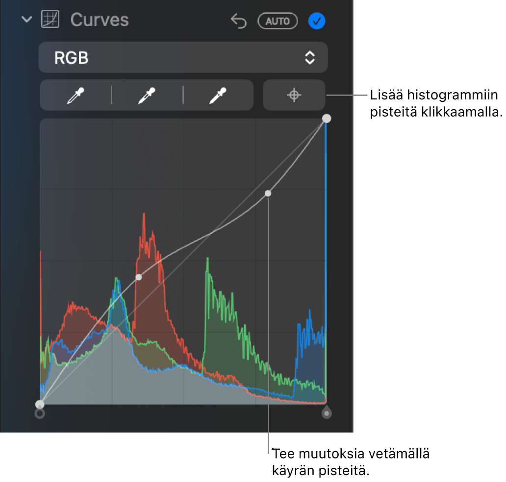 Käyräsäätimet Säädöt-osiossa, ja näkyvillä on Lisää pisteitä -painike yläoikealla ja RGB-histogrammi alla.