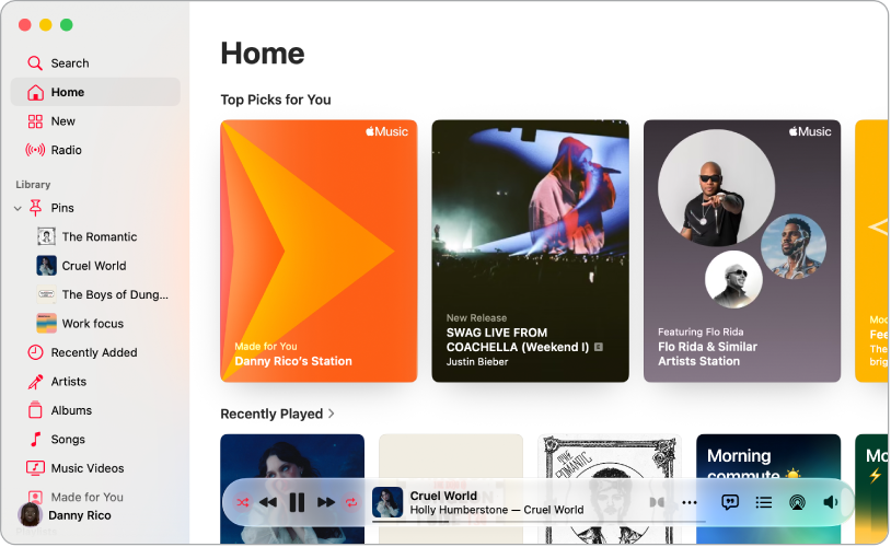 An Apple Music window with the sidebar on the left and Home on the right, showing “Top Picks for You” and “Recently played.”